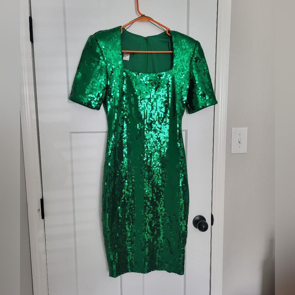 Vintage 80s Julie Duroche Emerald Sequin Mini Dress Made In USA Size 10